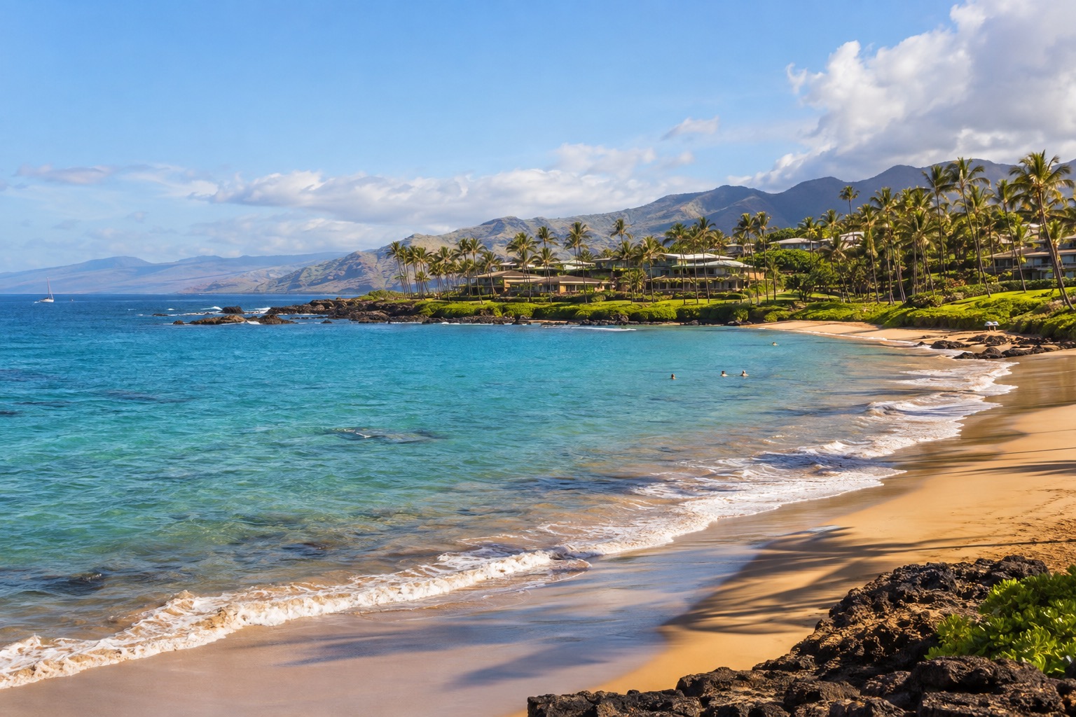 A crescent beach with turquoise water and palm trees along Maui's Wailea coastline