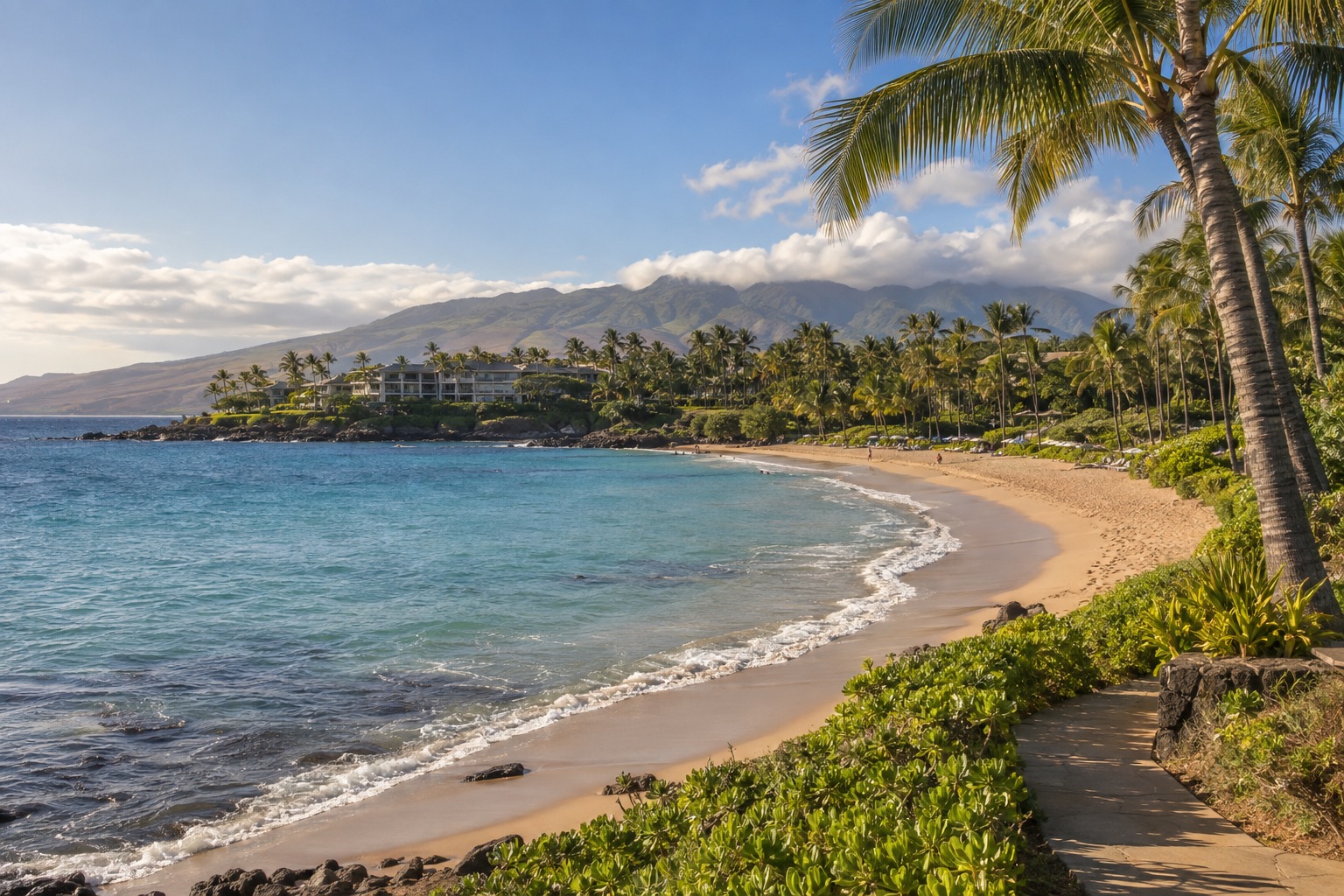 A curved white-sand beach fringed by palm trees along Wailea's coastal path, with calm turquoise water and a resort building in the distance