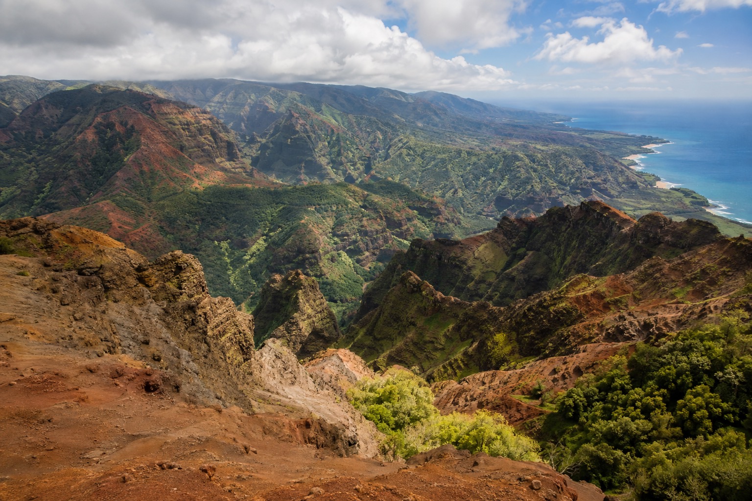 Waimea Canyon's red-and-green cliffs and layered ridgelines viewed from a rim overlook