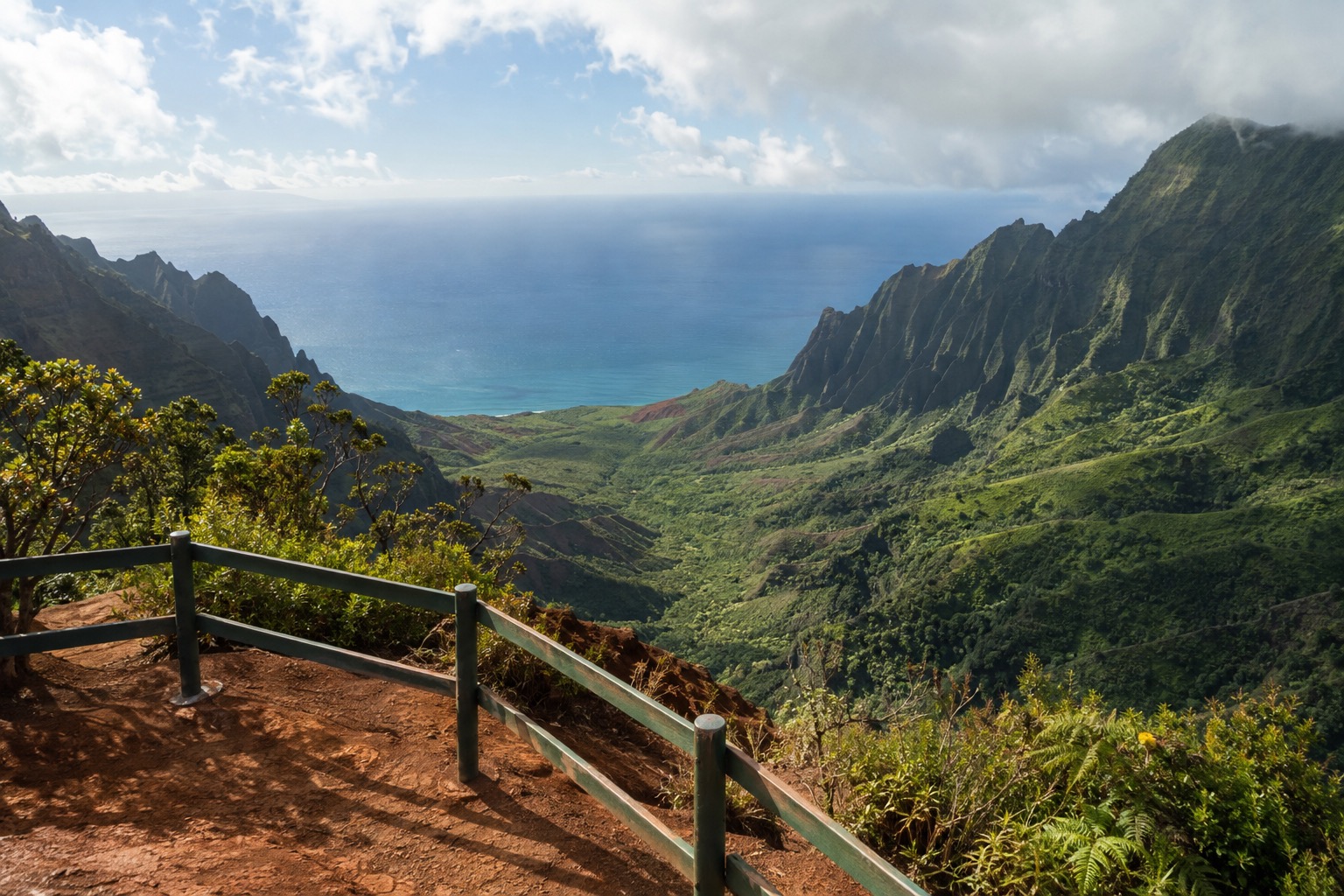A cliffside overlook with a fenced viewpoint facing a deep, narrow green valley