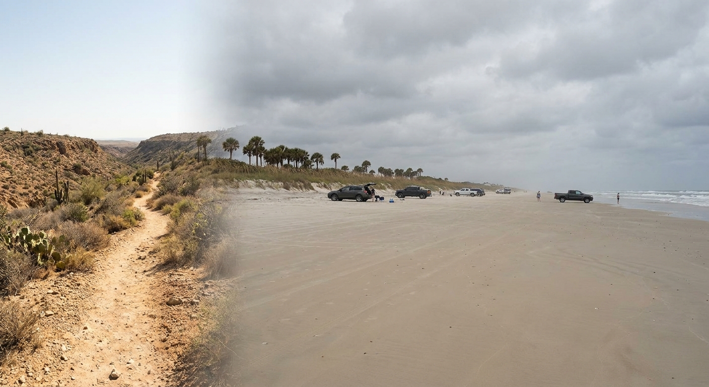 Two-part view of a dry desert canyon trail under clear sun and a palm-lined tropical beach under heavy grey cloud