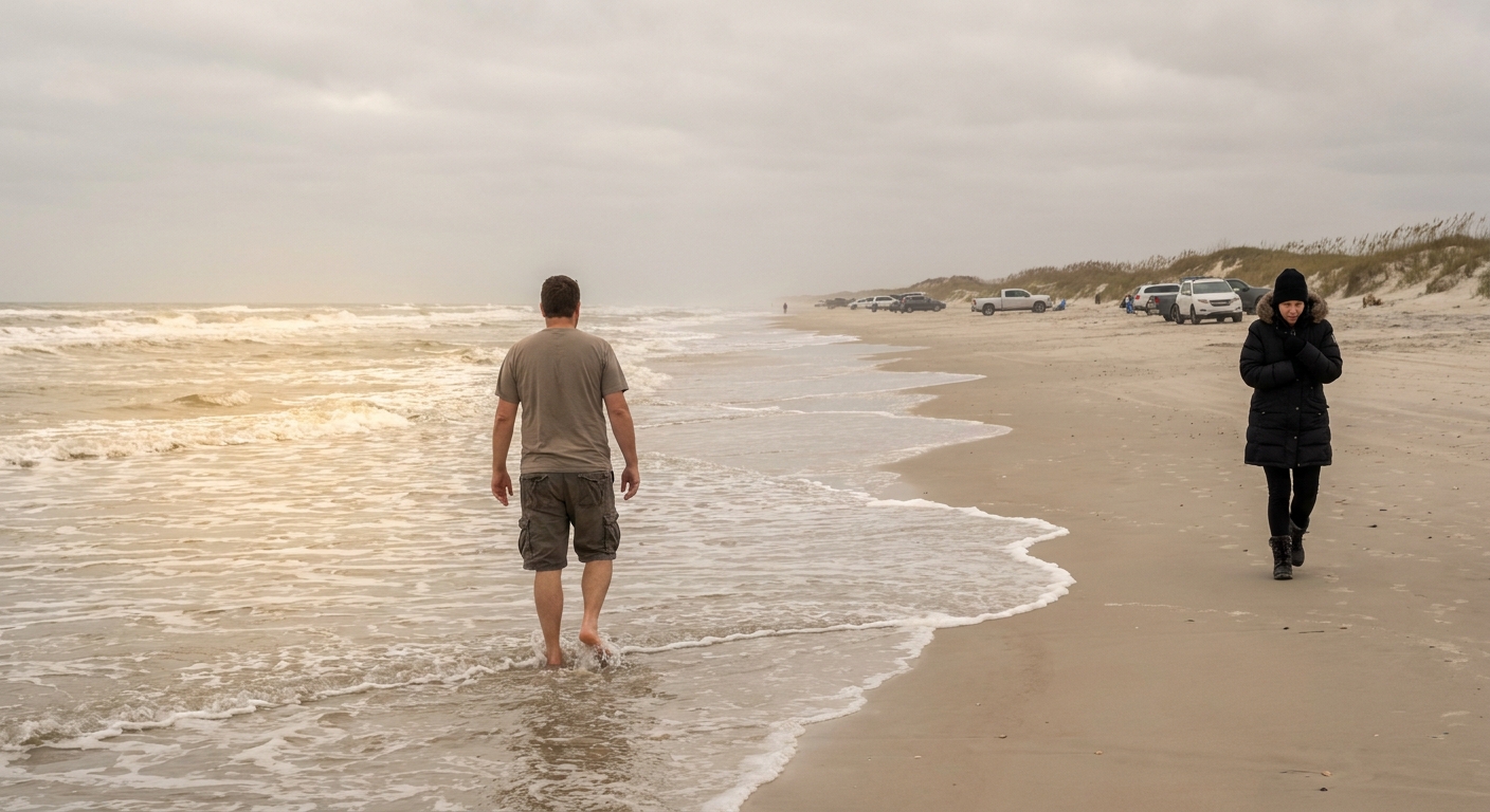 A traveler in shorts wading into a bright warm sea while another figure walks a cold gray shoreline in a heavy winter coat