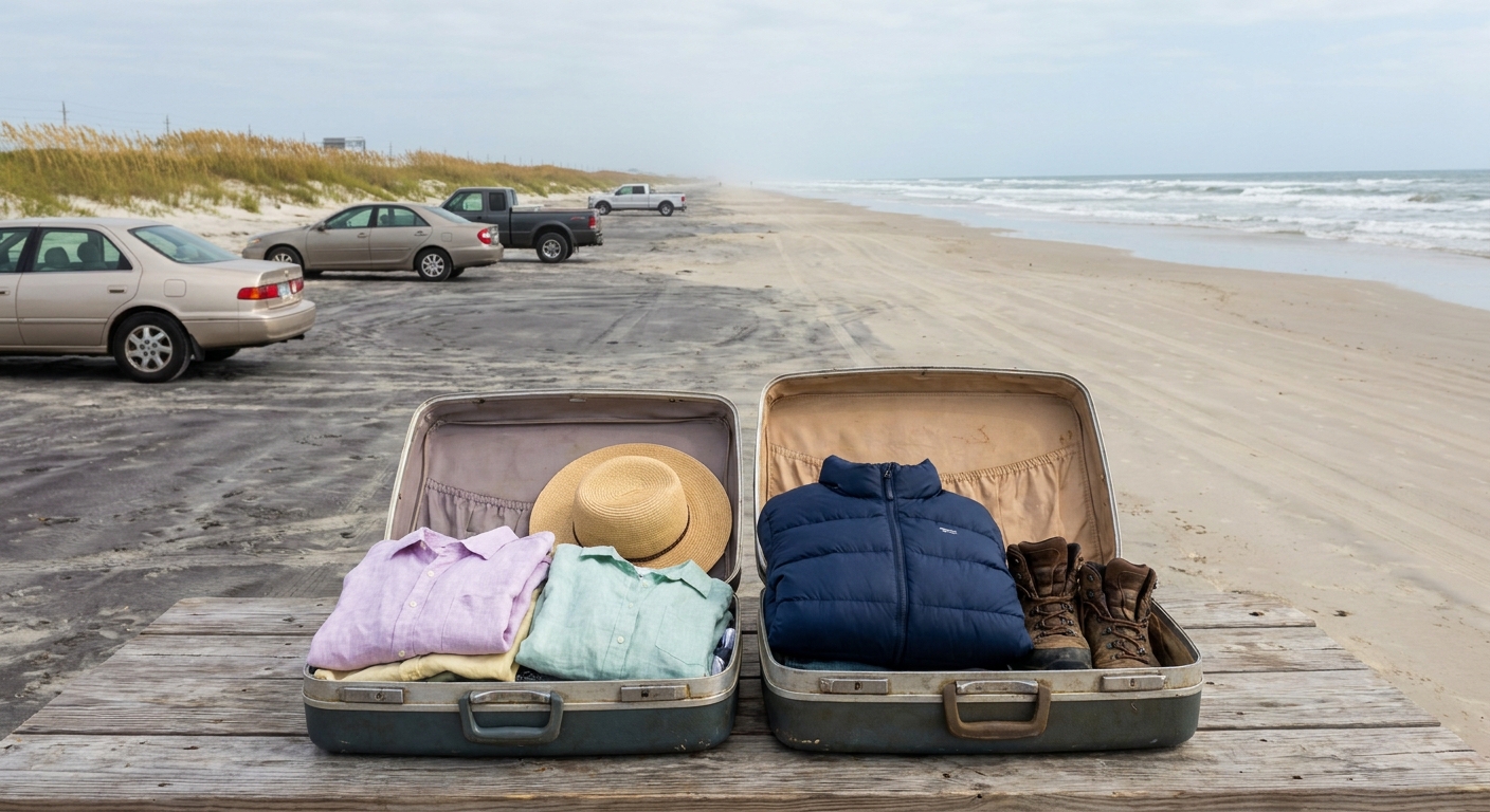 Two open suitcases side by side on a wooden floor, one packed with linen shirts and a sun hat, the other with a down jacket and hiking boots