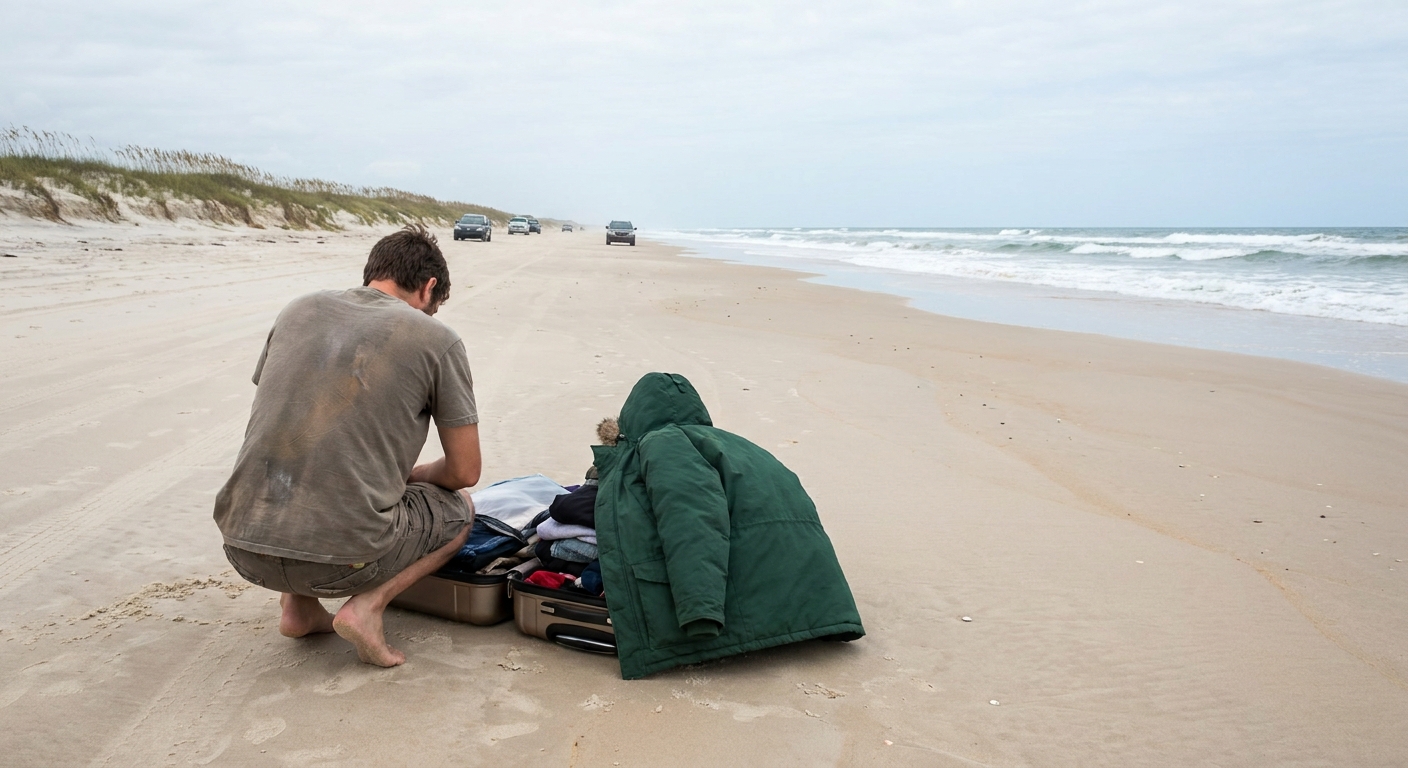 A traveler in a T-shirt beside an open suitcase on a bright beach, with a heavy parka folded on top of the packed clothes