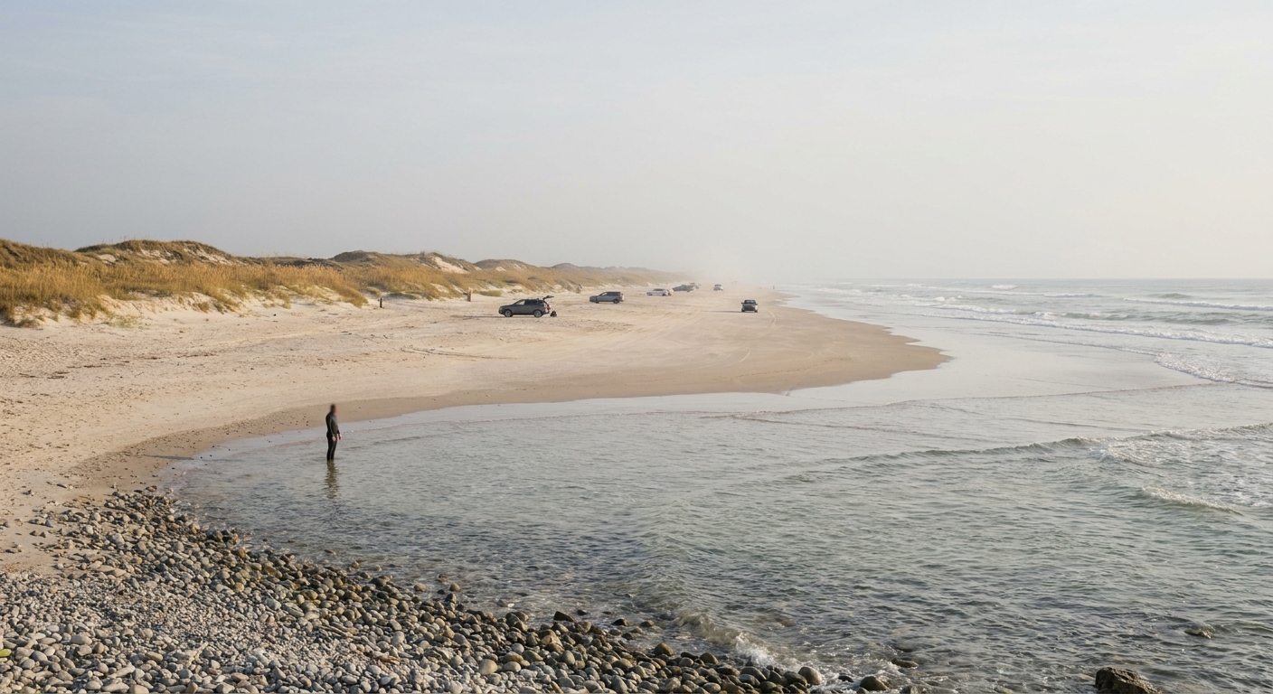 Empty pebble cove with clear shallow water and low bare hills in early morning light, one swimmer at the edge
