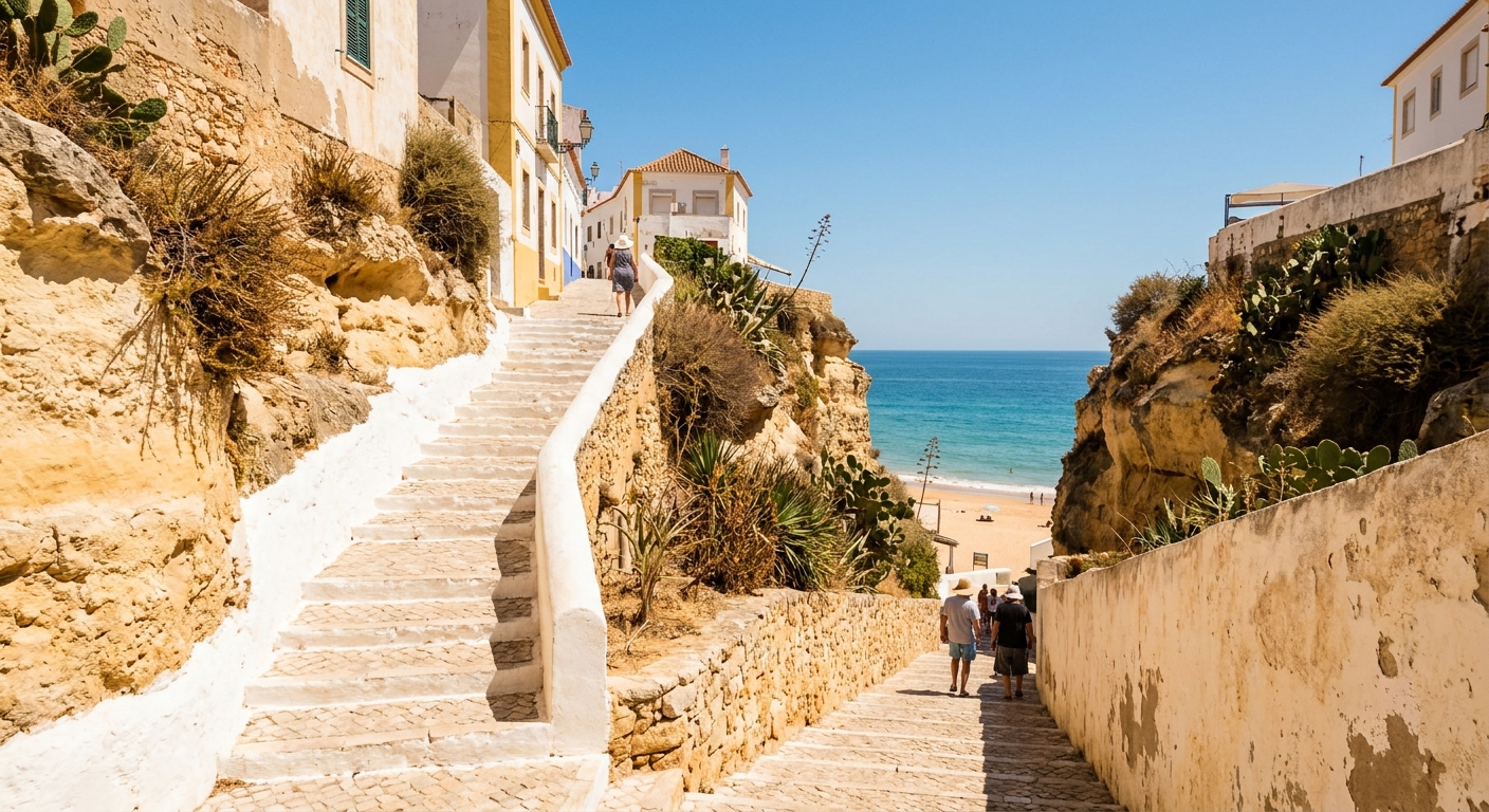Whitewashed stepped lane in Albufeira's old town climbing away from the beach
