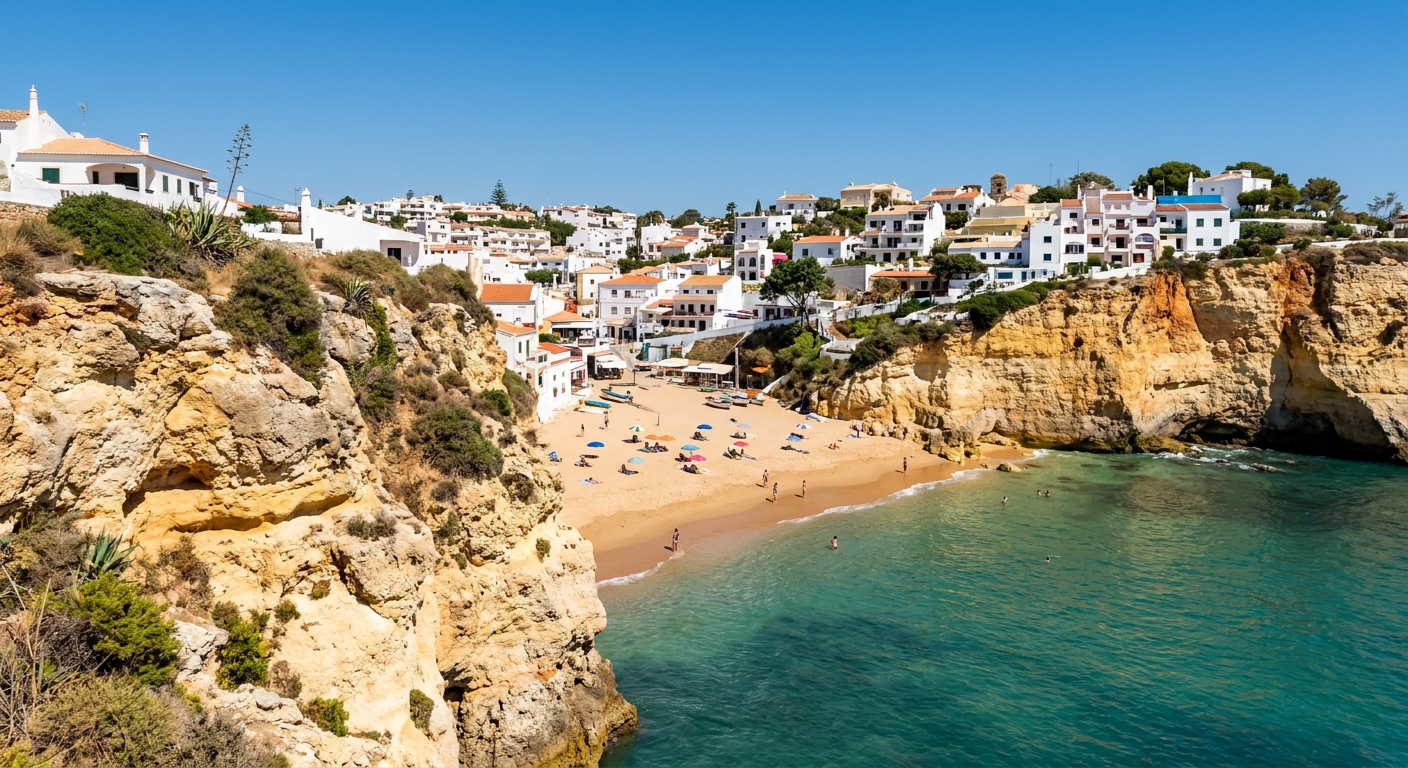 The single cove beach at Carvoeiro with whitewashed houses rising on the cliffs on either side