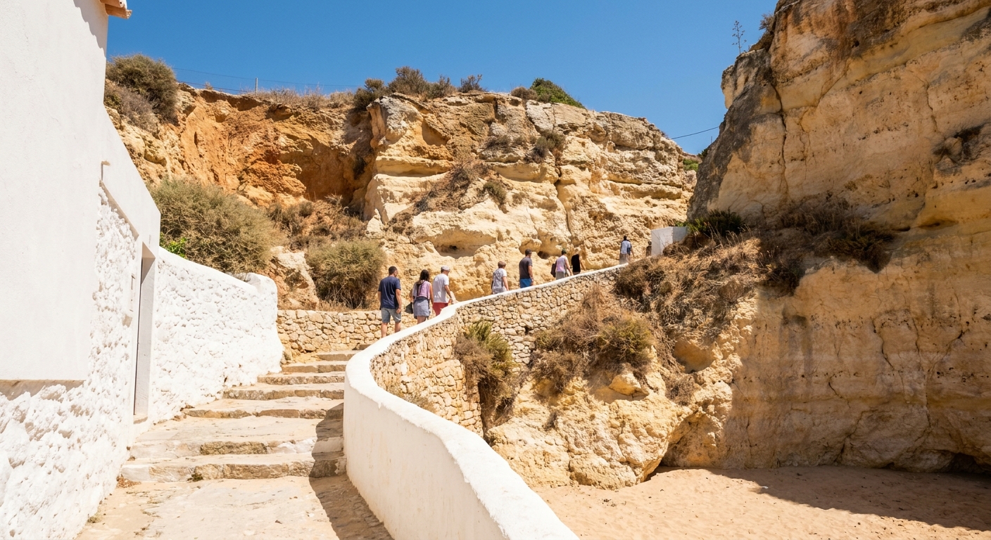 Narrow whitewashed lanes and steps climbing away from the beach in Carvoeiro