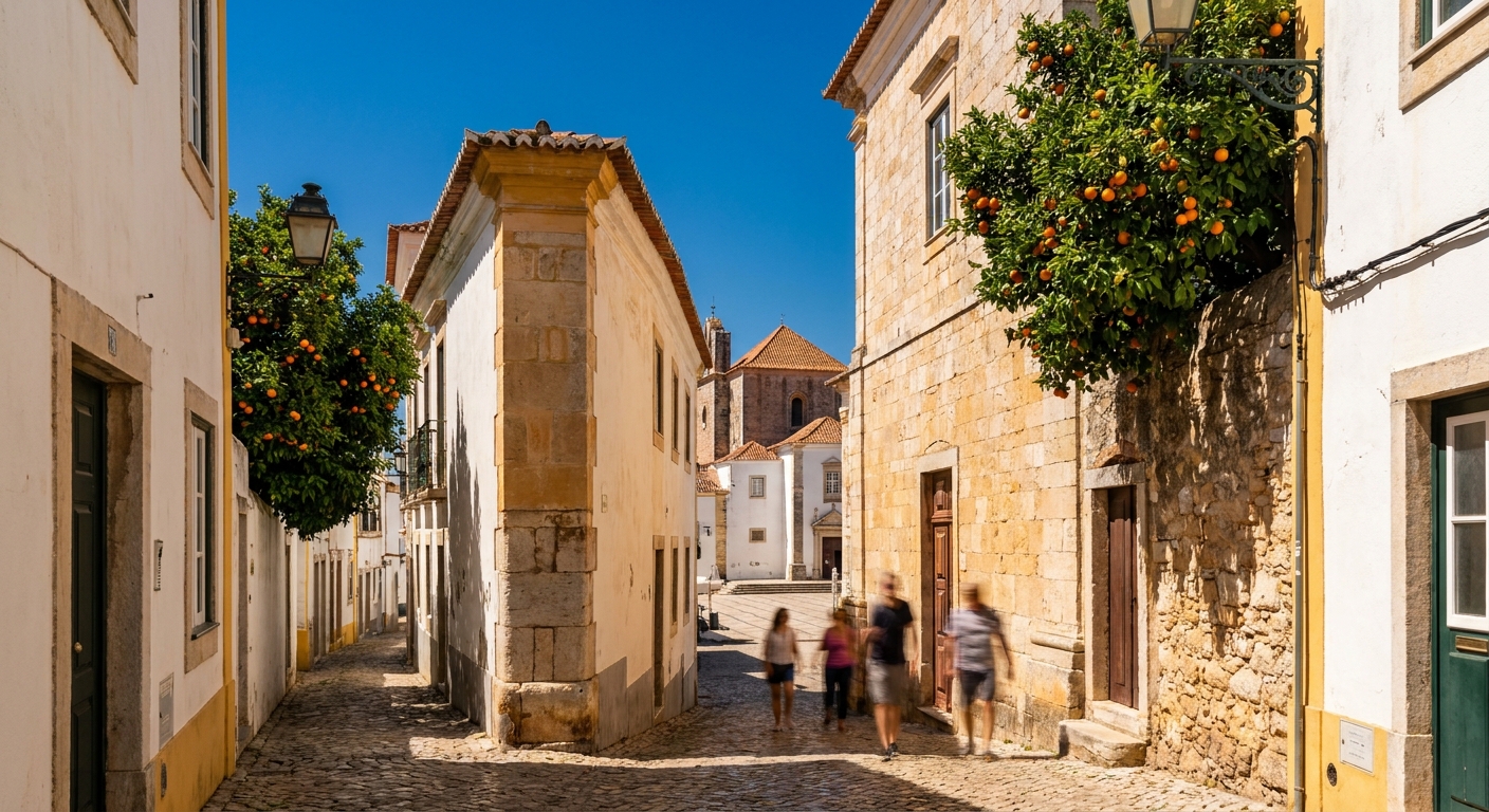 Whitewashed lanes and orange trees in the walled old town of Faro with the cathedral square beyond