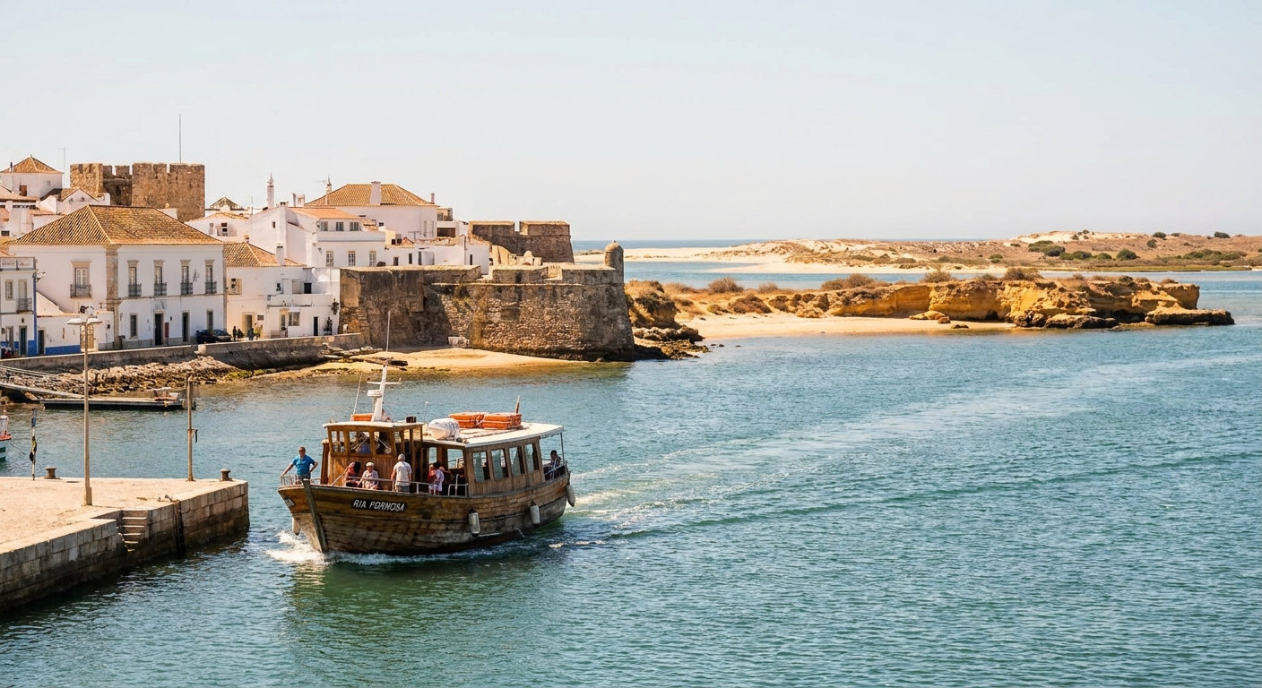 Small passenger ferry leaving the Faro waterfront toward the barrier islands of the Ria Formosa lagoon