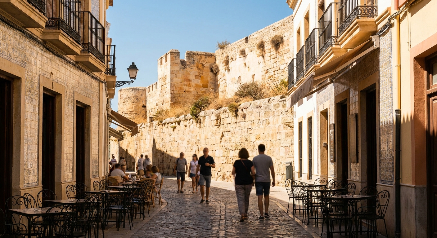 Cobbled pedestrian street inside the old walls of Lagos with tiled facades and cafe tables
