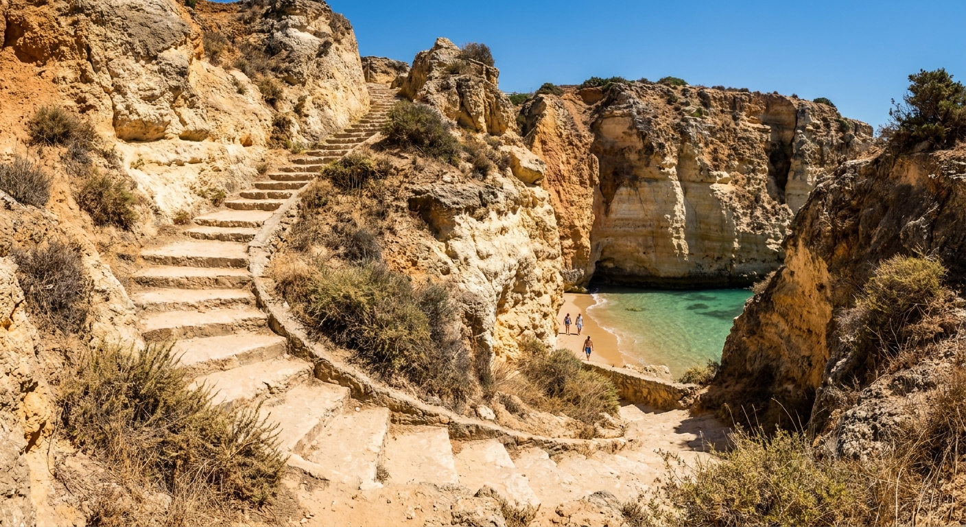 Ochre cliffs and turquoise water at a small cove beach near Lagos with a stairway cut into the rock