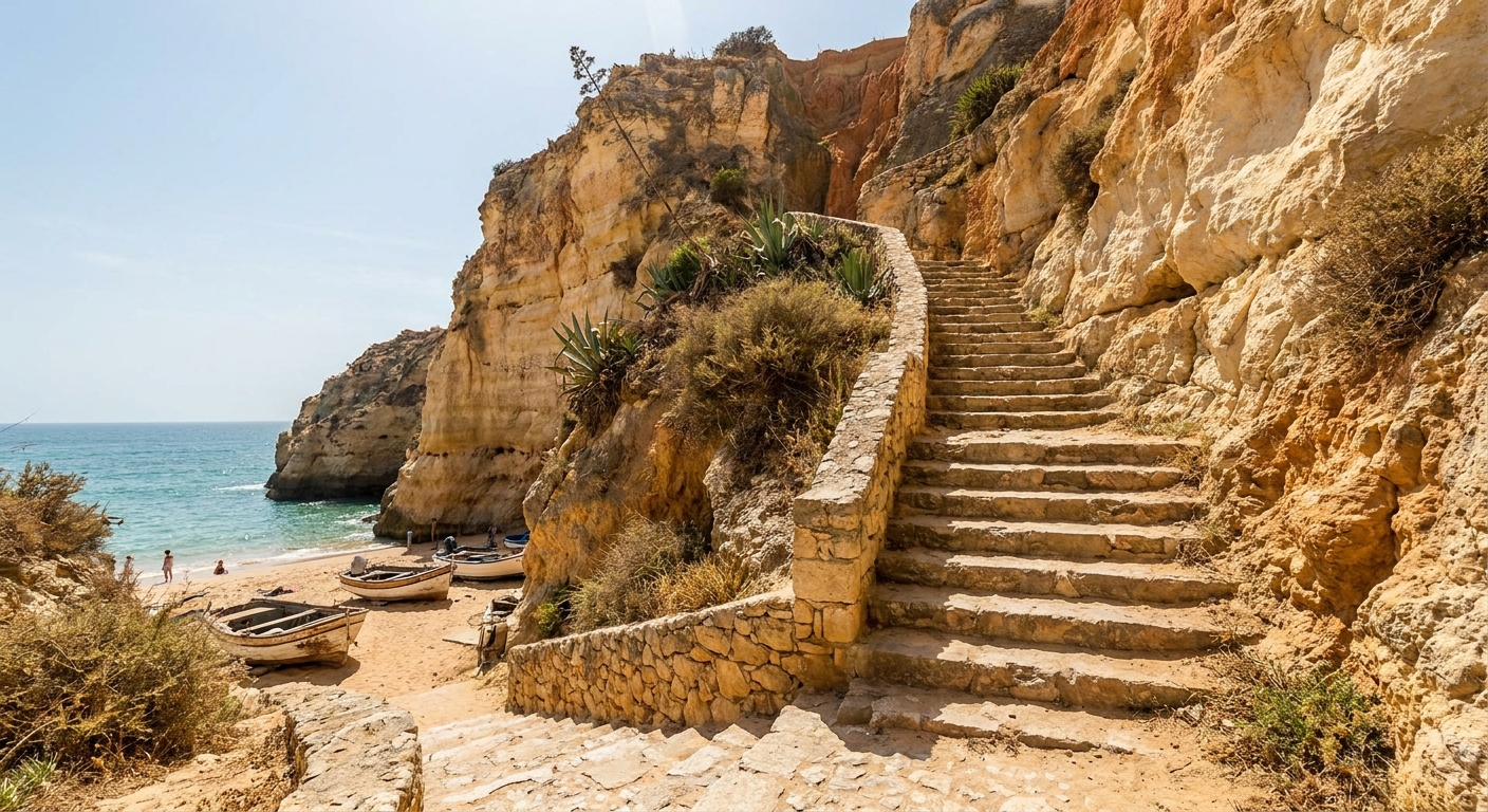 A steep stone staircase descending a limestone cliff toward a small cove where open wooden boats wait
