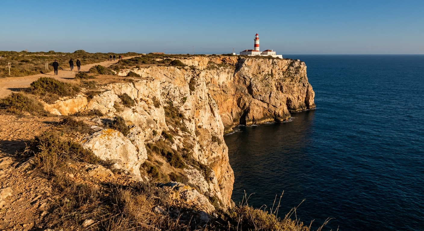 Cliffs and the lighthouse at Cabo de São Vicente under low afternoon light near Sagres