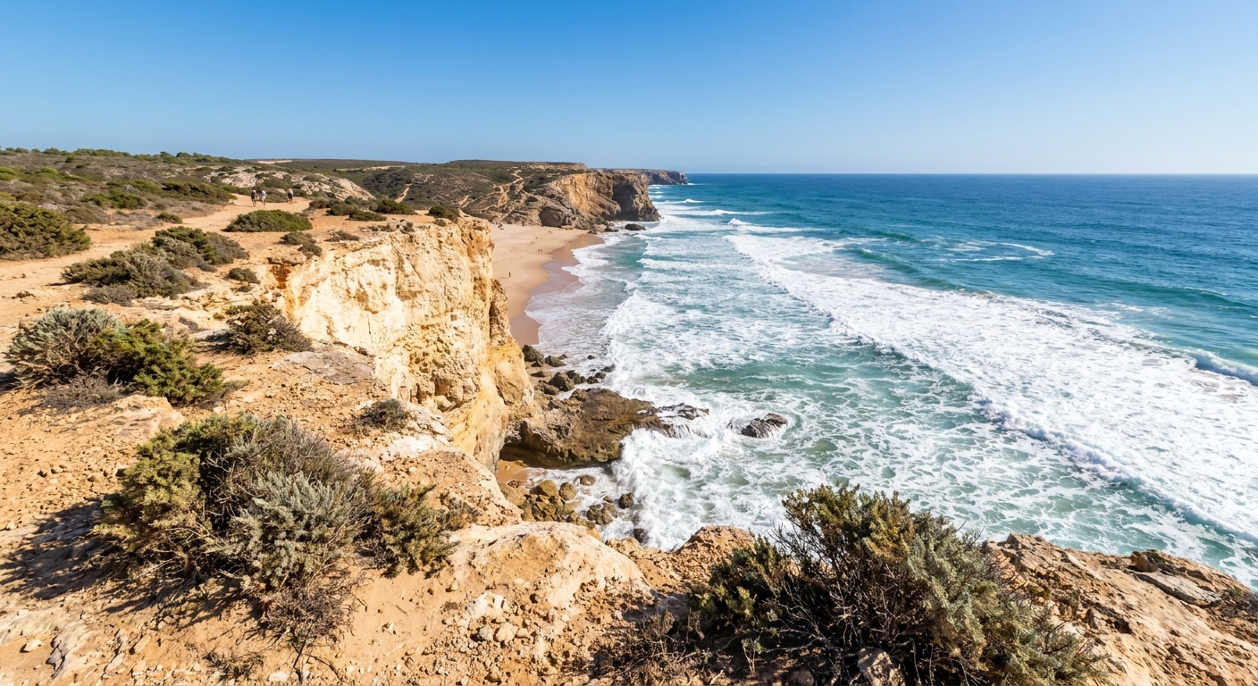 Wind-blown surf and low scrub on the cliff top above Praia do Tonel at Sagres