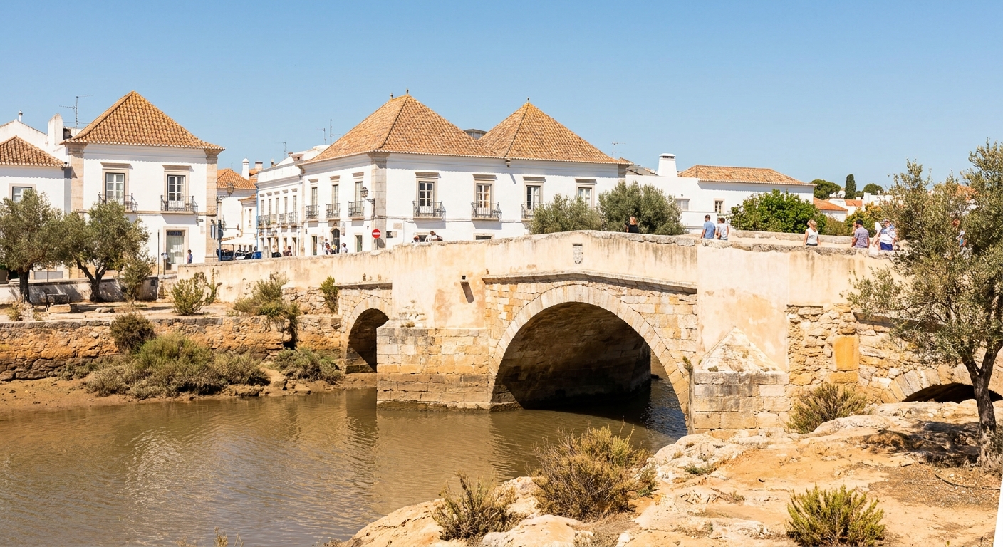 Low arched bridge over the Gilão river in Tavira with whitewashed houses and four-sided pyramid roofs behind