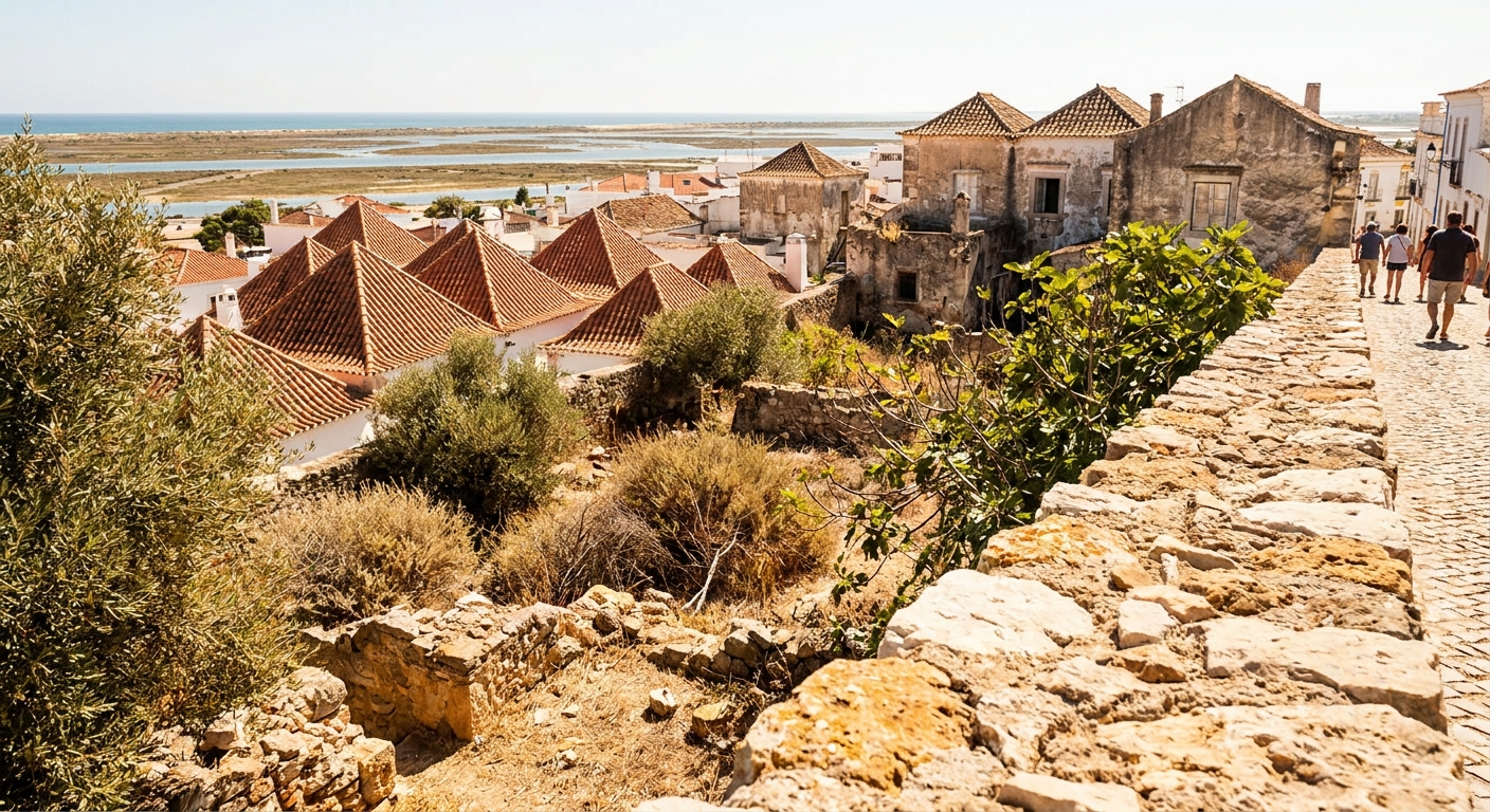 View from the castle garden in Tavira over pyramid-roofed houses toward the flat Ria Formosa lagoon