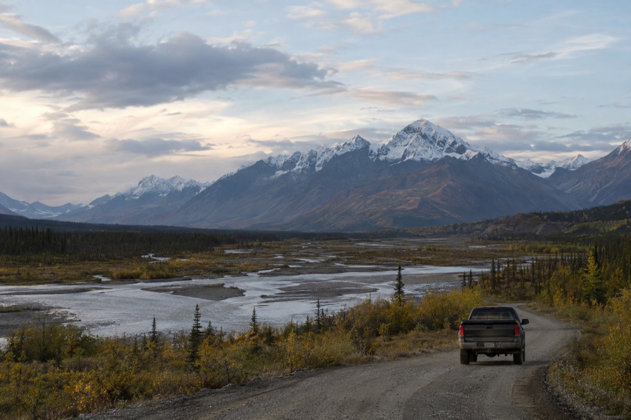 A pickup on an Alaska road