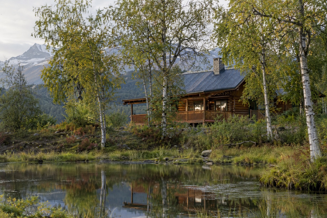 A traditional dwelling by a pond