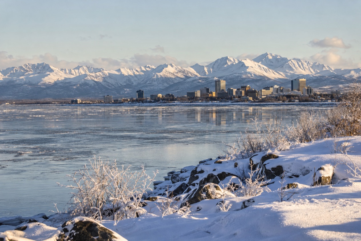 Anchorage below the Chugach Mountains in late winter