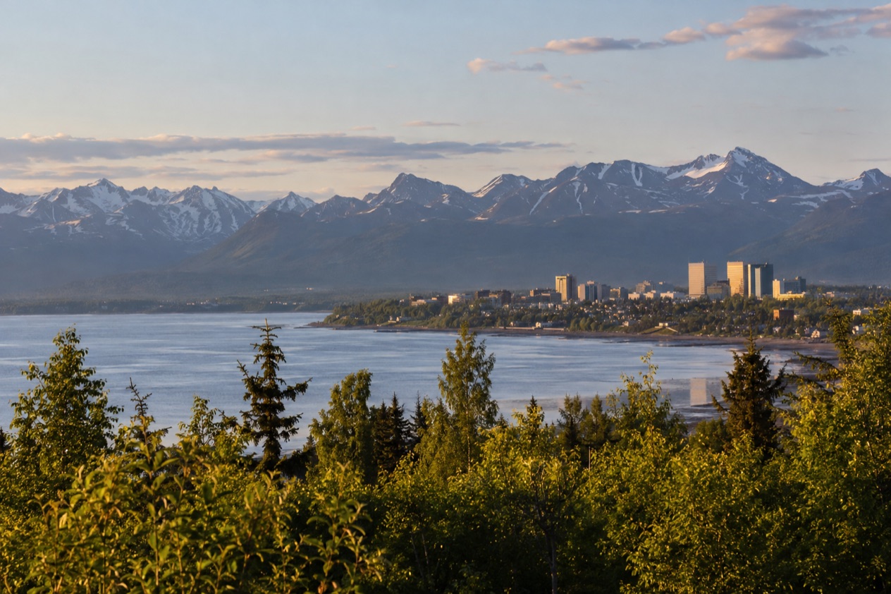 Anchorage below the Chugach Mountains in late summer