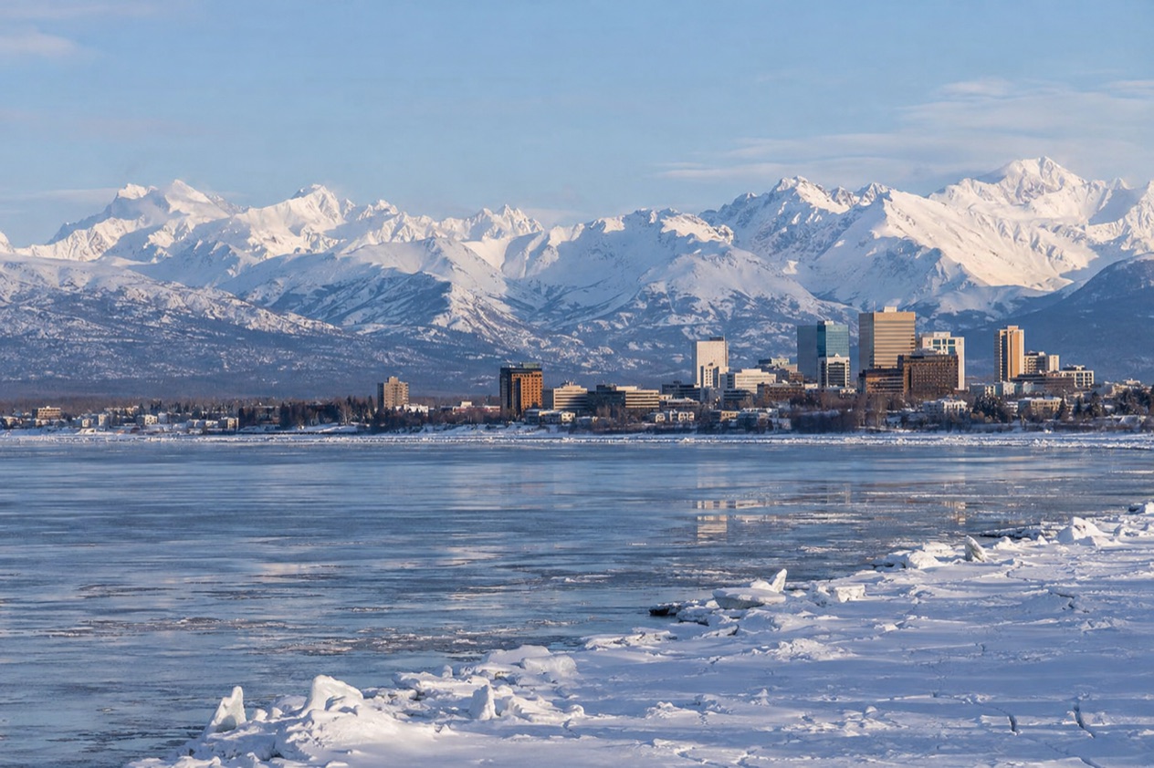 Anchorage below the Chugach Mountains in winter