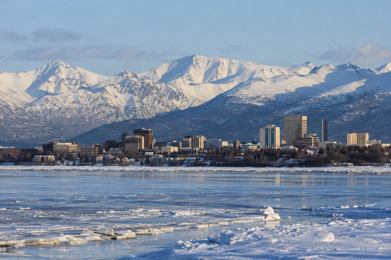 Anchorage below the Chugach Mountains in winter