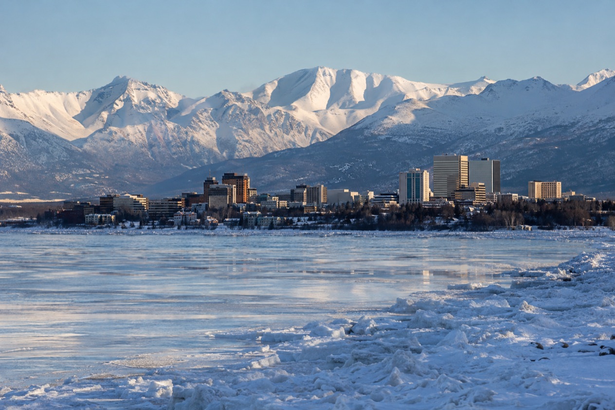 Anchorage below the Chugach Mountains in winter
