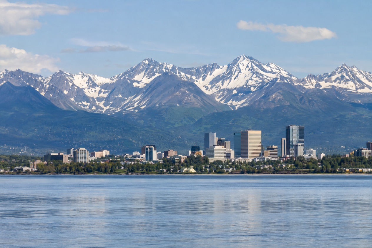 Anchorage below the Chugach Mountains in summer