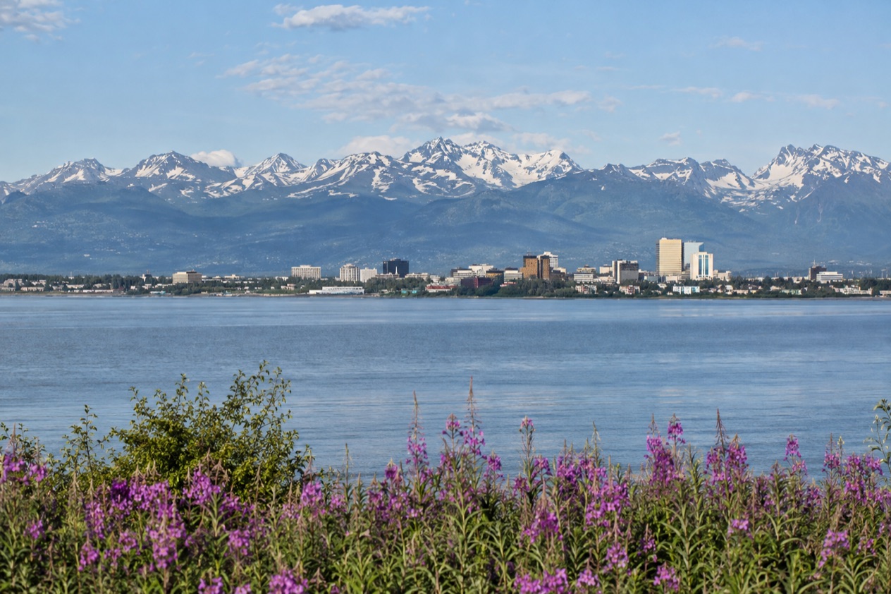 Anchorage below the Chugach Mountains in summer