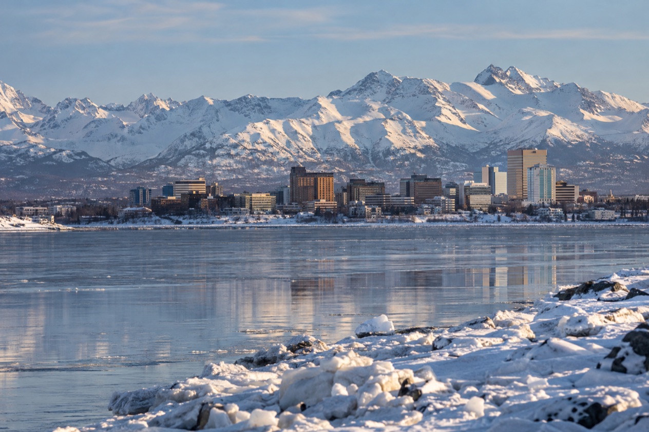 Anchorage below the Chugach Mountains in late winter