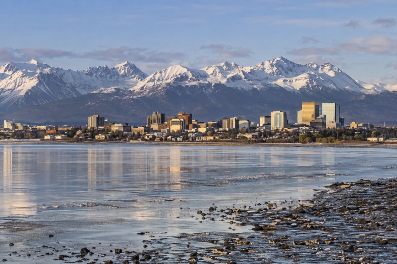 Anchorage below the Chugach Mountains in spring