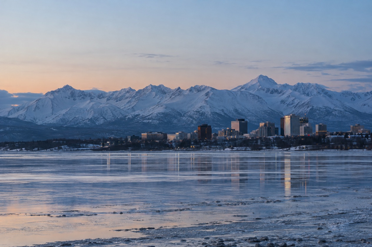 Anchorage below the Chugach Mountains in early winter