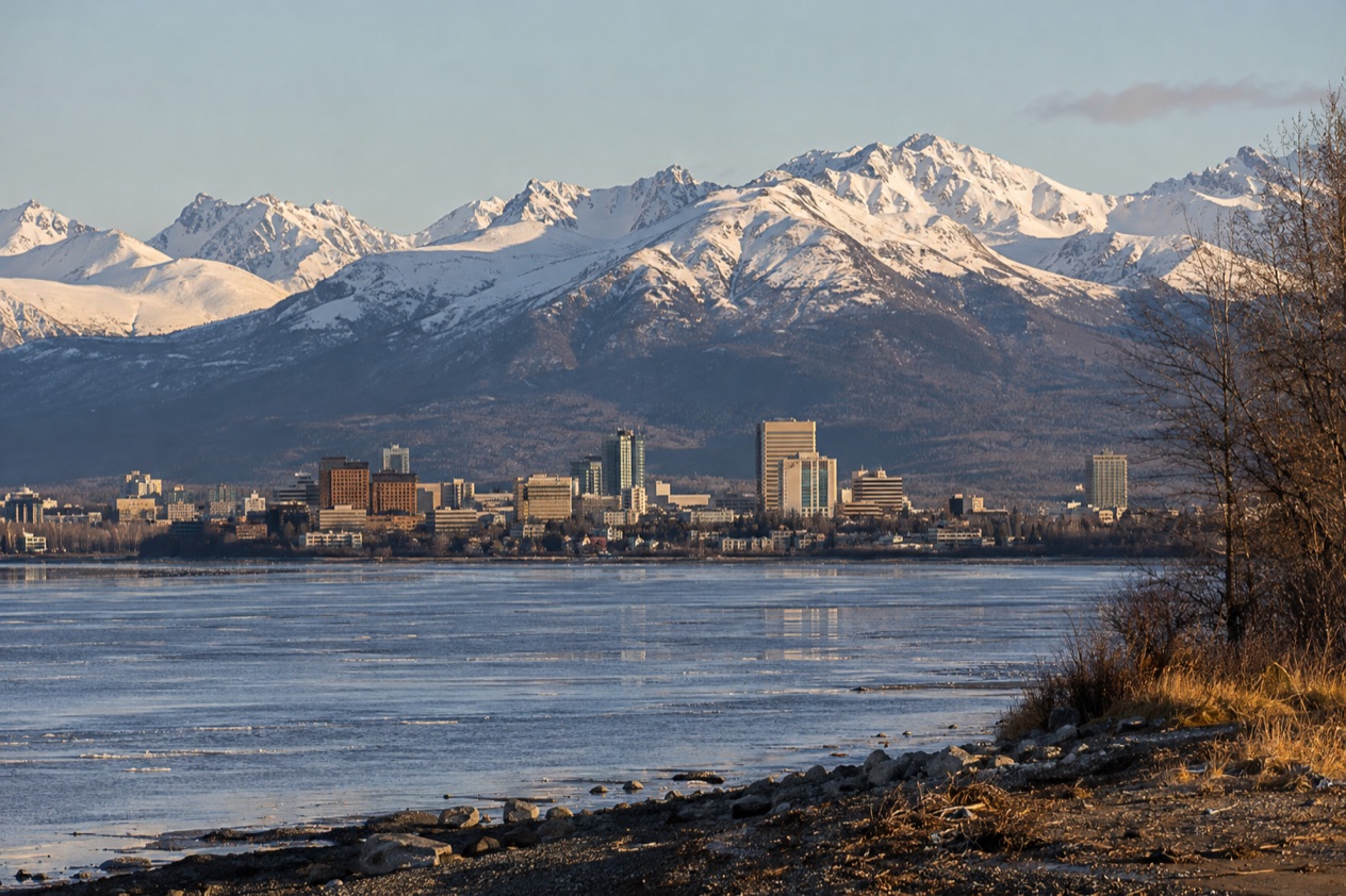 Anchorage below the Chugach Mountains in late fall
