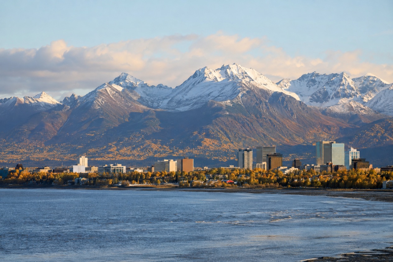 Anchorage below the Chugach Mountains in fall