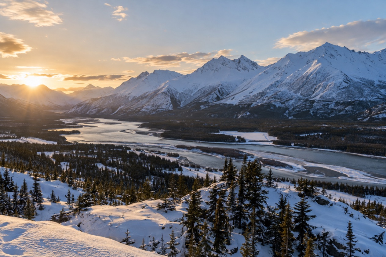 The mountains and valleys of Alaska in late winter