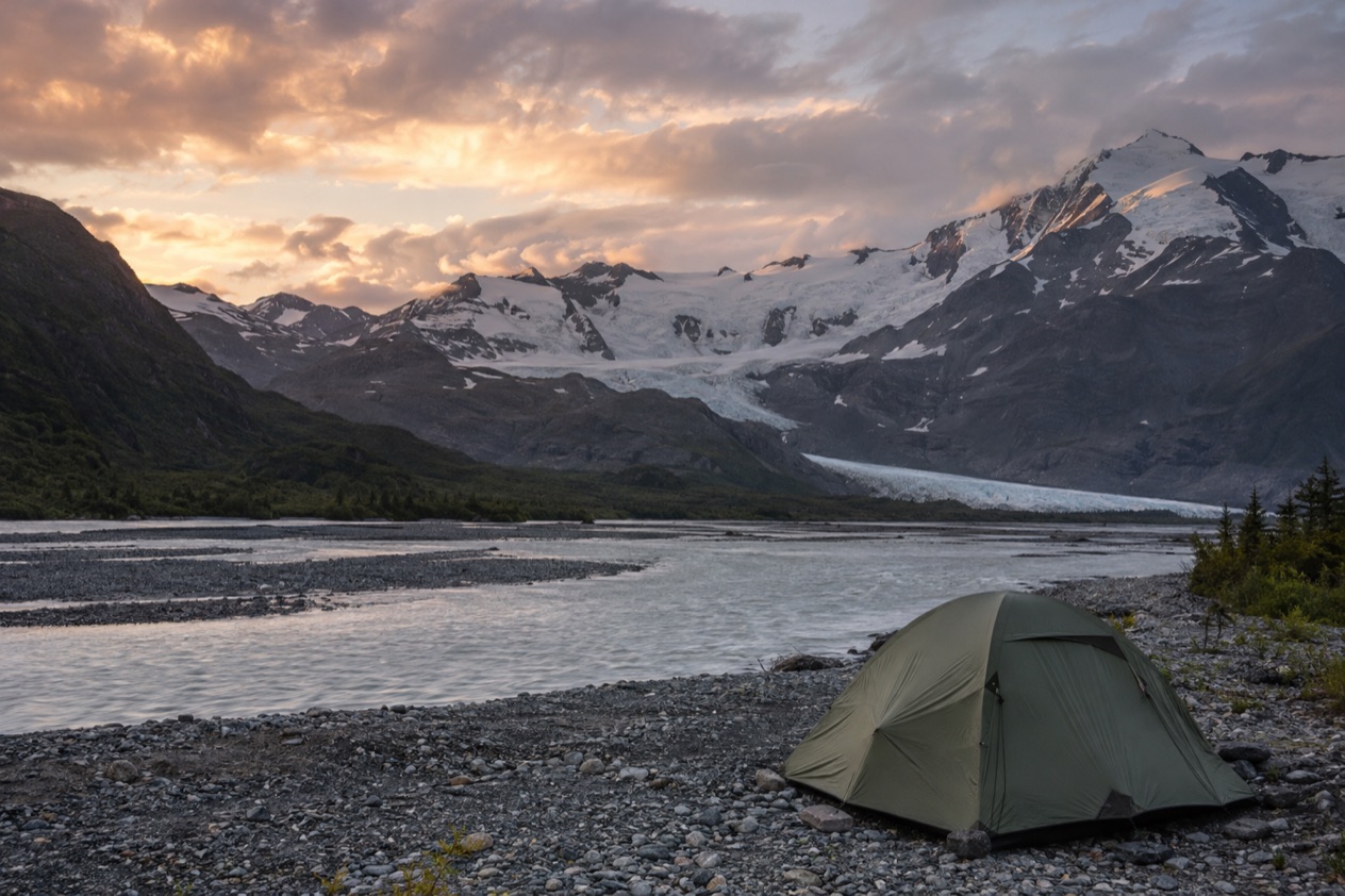A campsite by a river