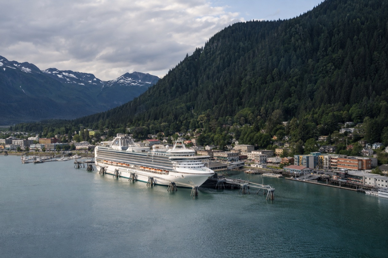 A cruise ship at a pier