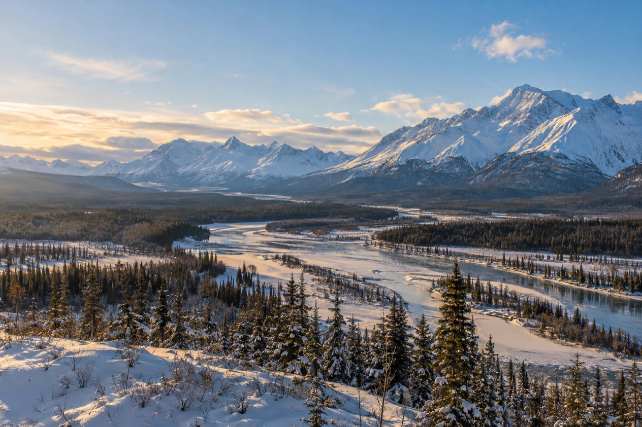 The mountains and valleys of Alaska in winter