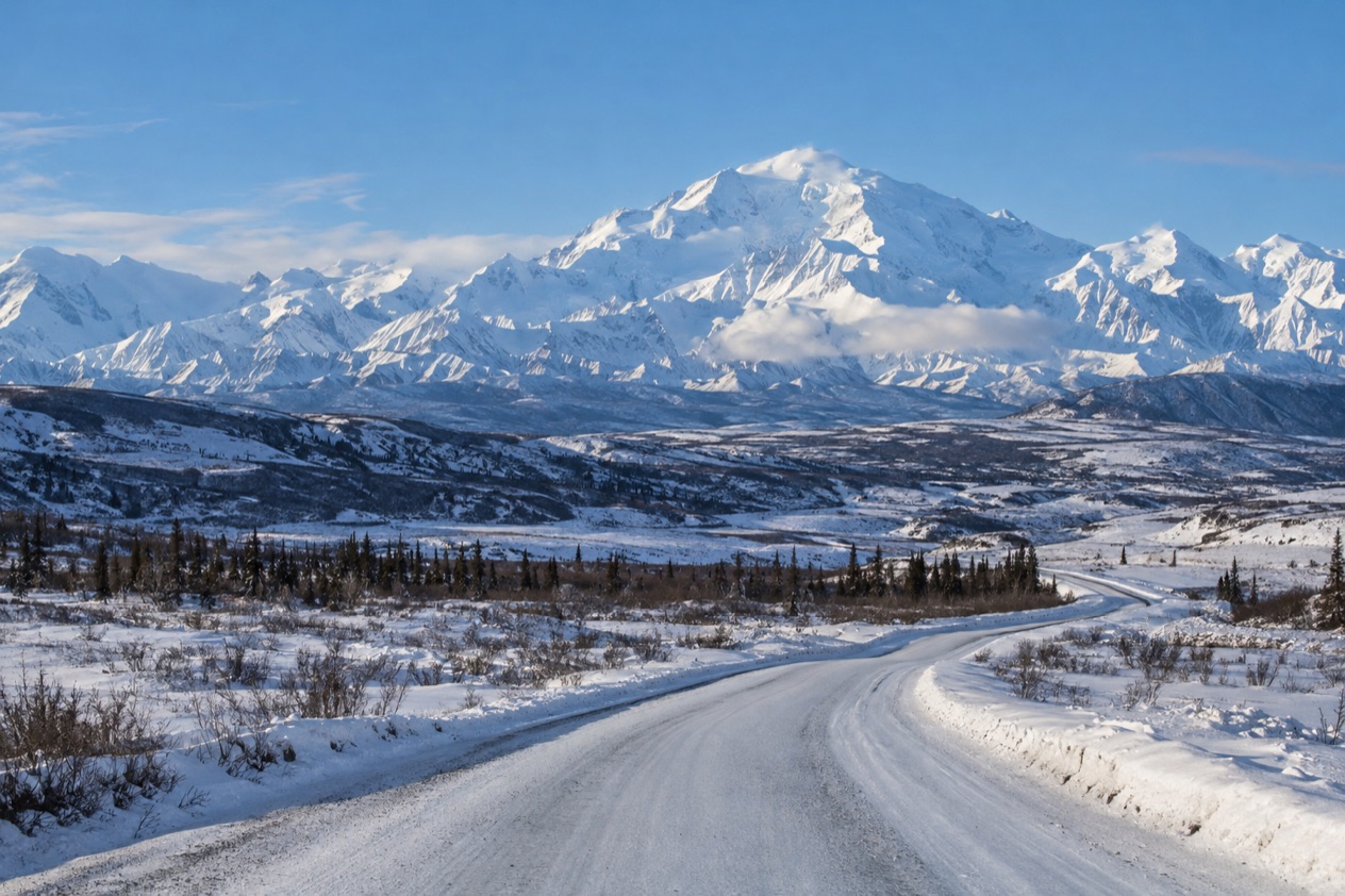 The Denali Park Road and the mountain in late winter