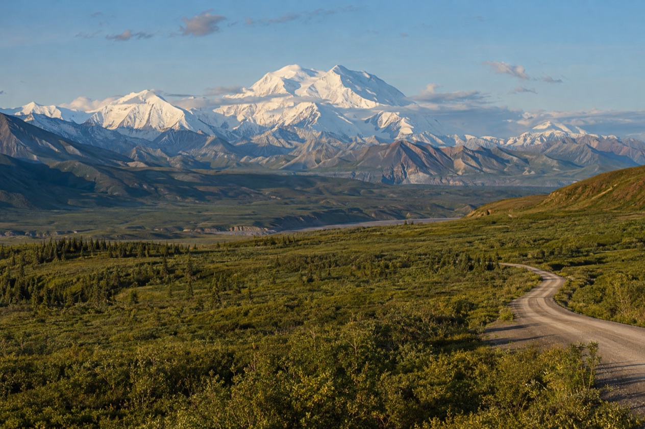 The Denali Park Road and the mountain in late summer