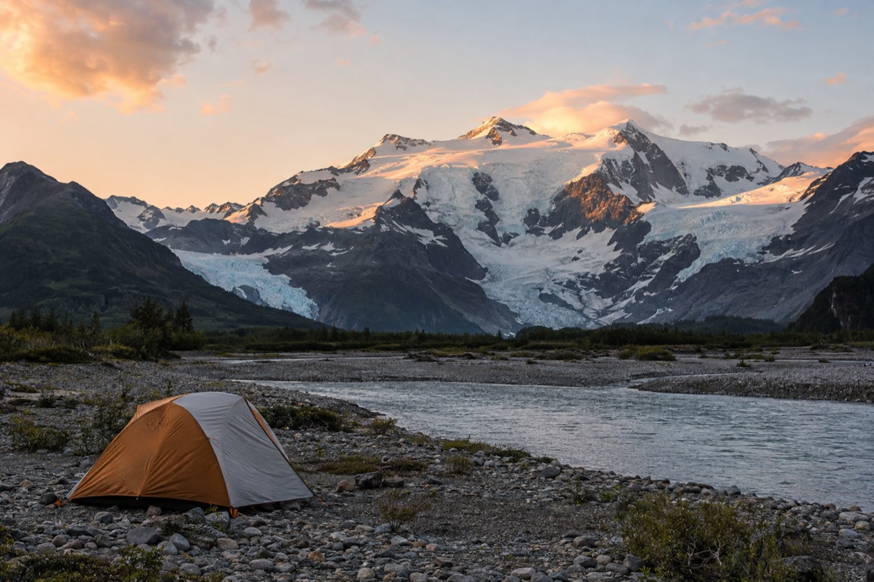 A campsite by a river