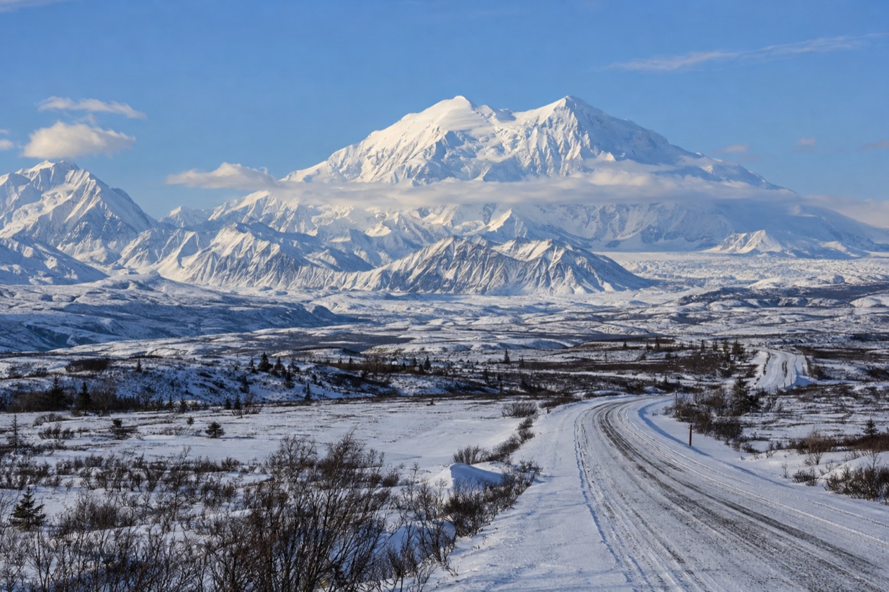 The Denali Park Road and the mountain in winter