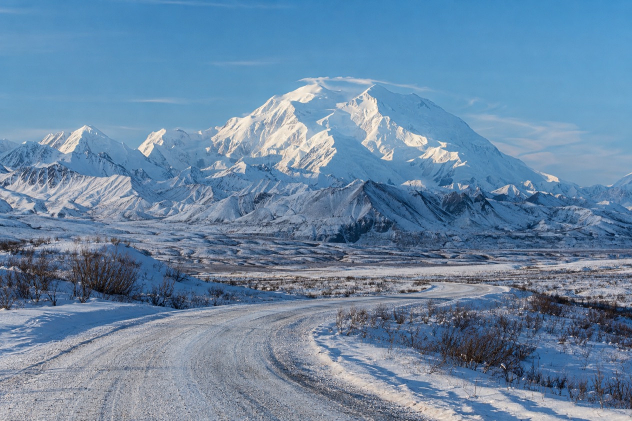The Denali Park Road and the mountain in winter