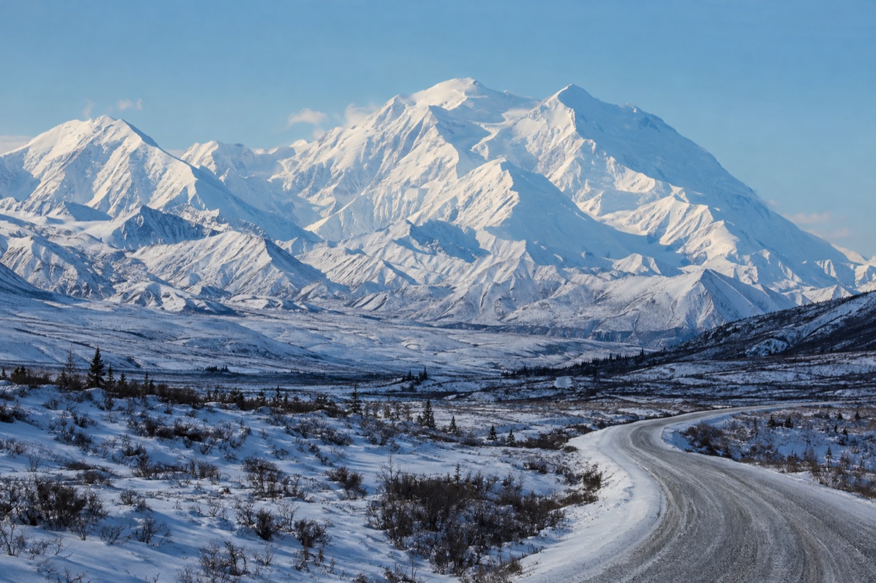 The Denali Park Road and the mountain in winter
