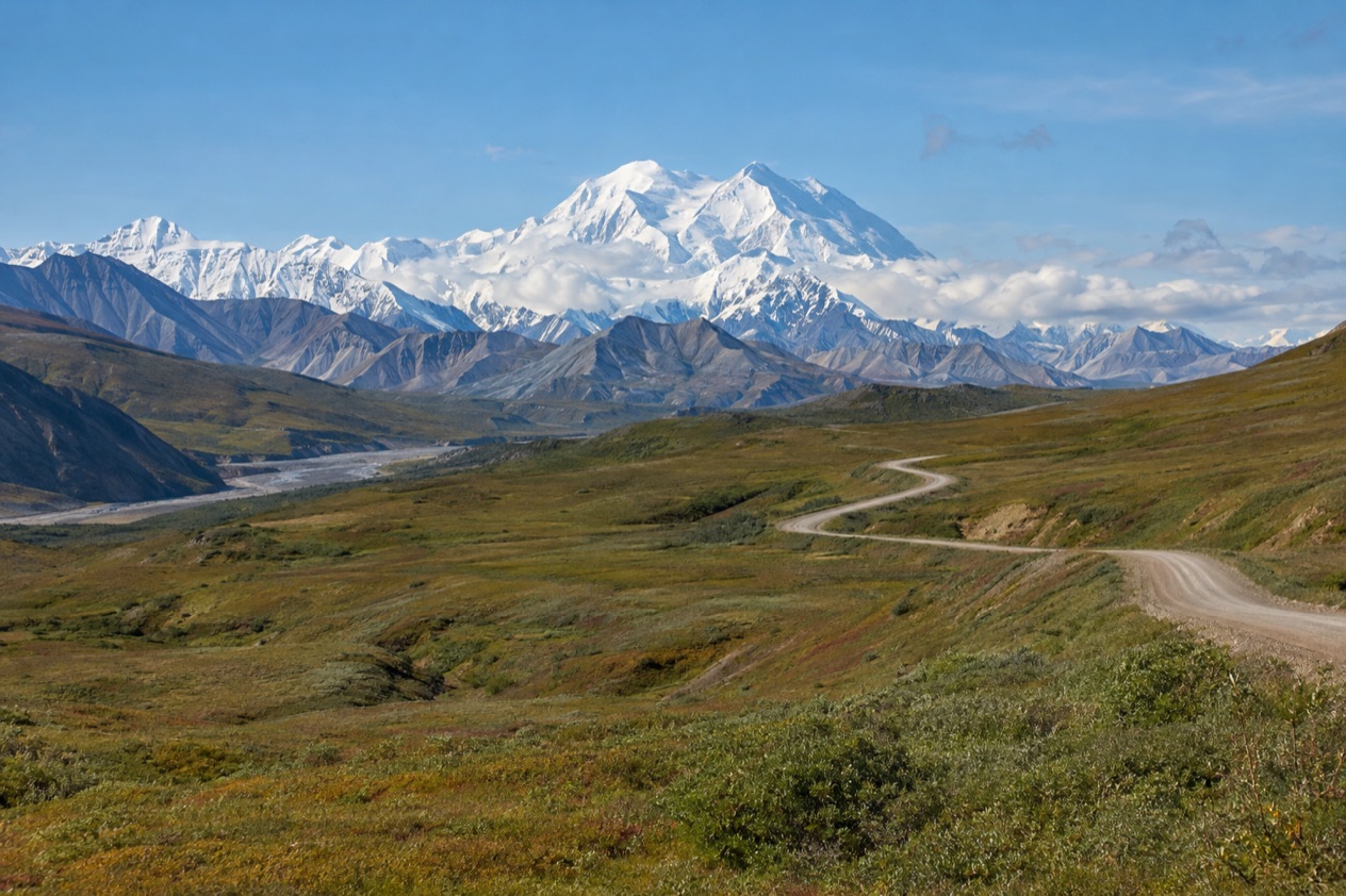 The Denali Park Road and the mountain in summer