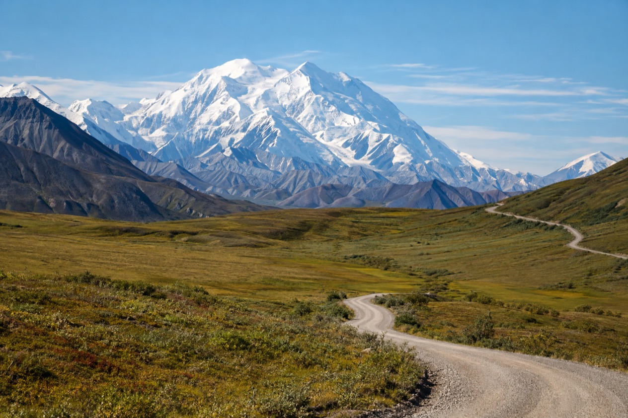 The Denali Park Road and the mountain in summer