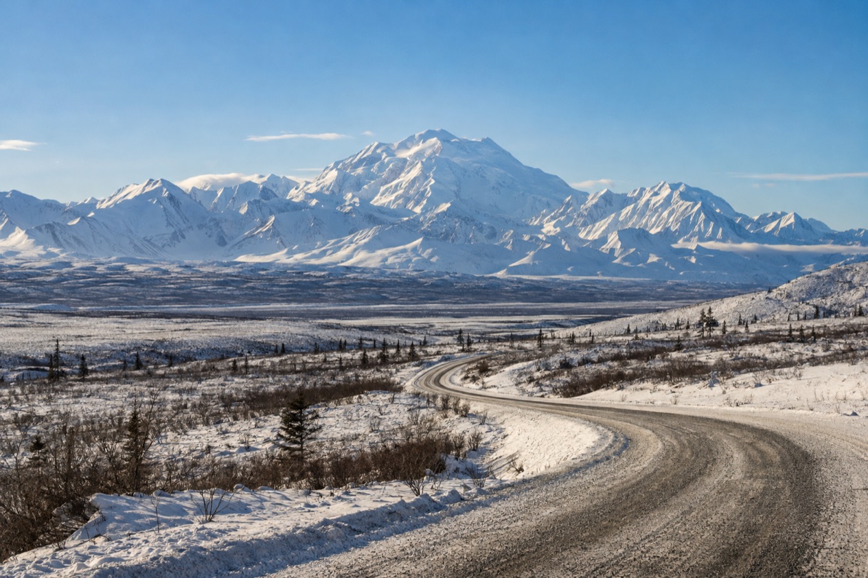 The Denali Park Road and the mountain in late winter