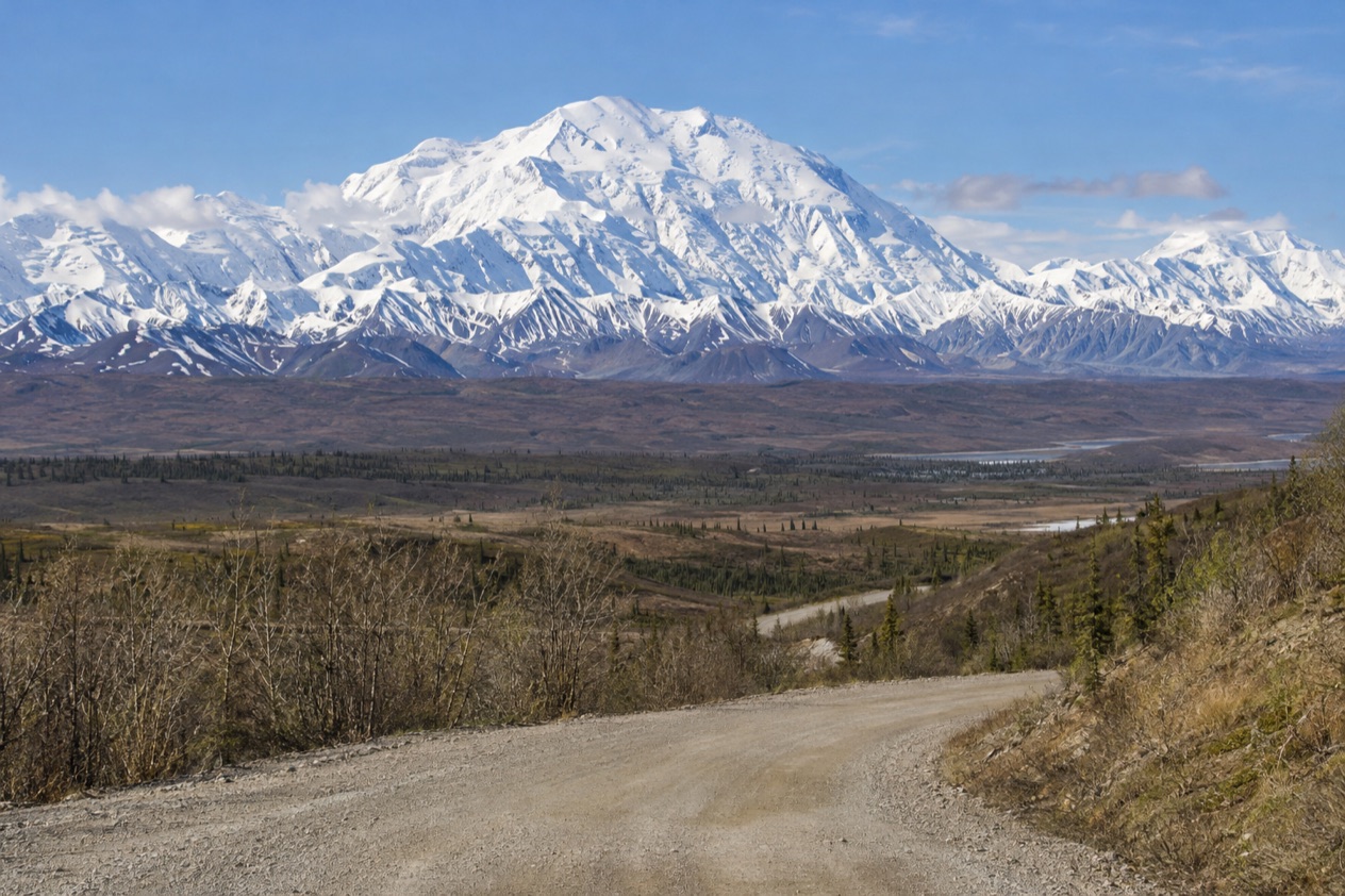 The Denali Park Road and the mountain in spring