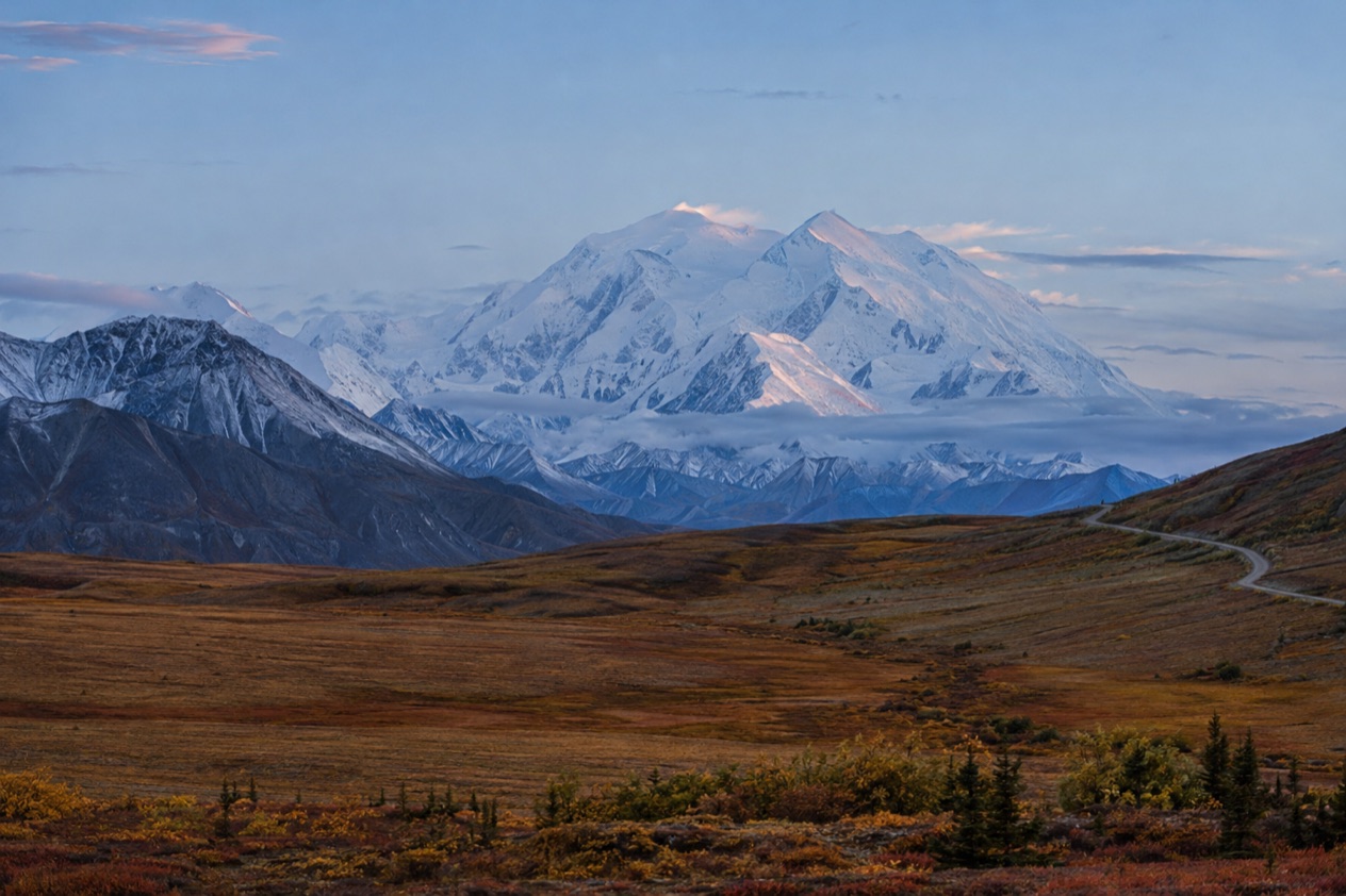 The Denali Park Road and the mountain in early winter